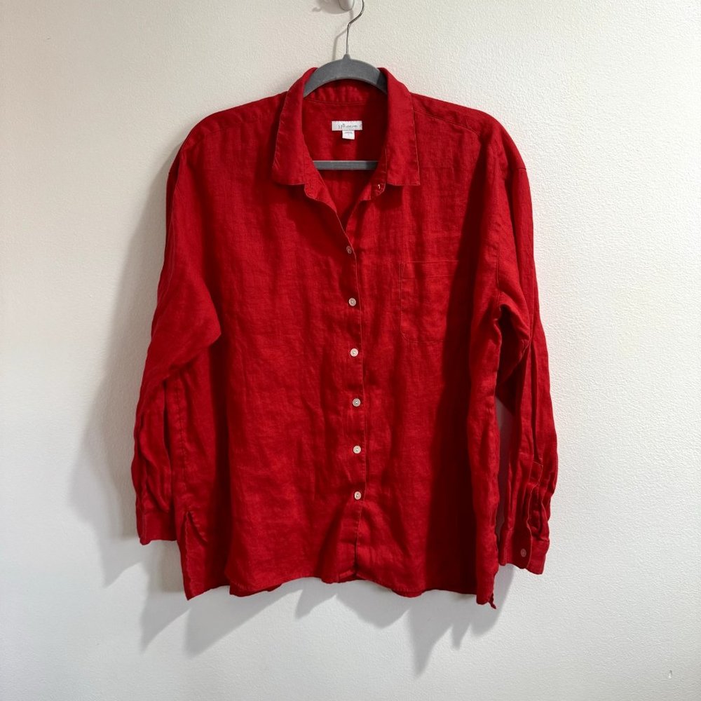 J. Jill Love Linen Blouse Sz Large L Red Shirt Long Sleeve Button Front Holiday